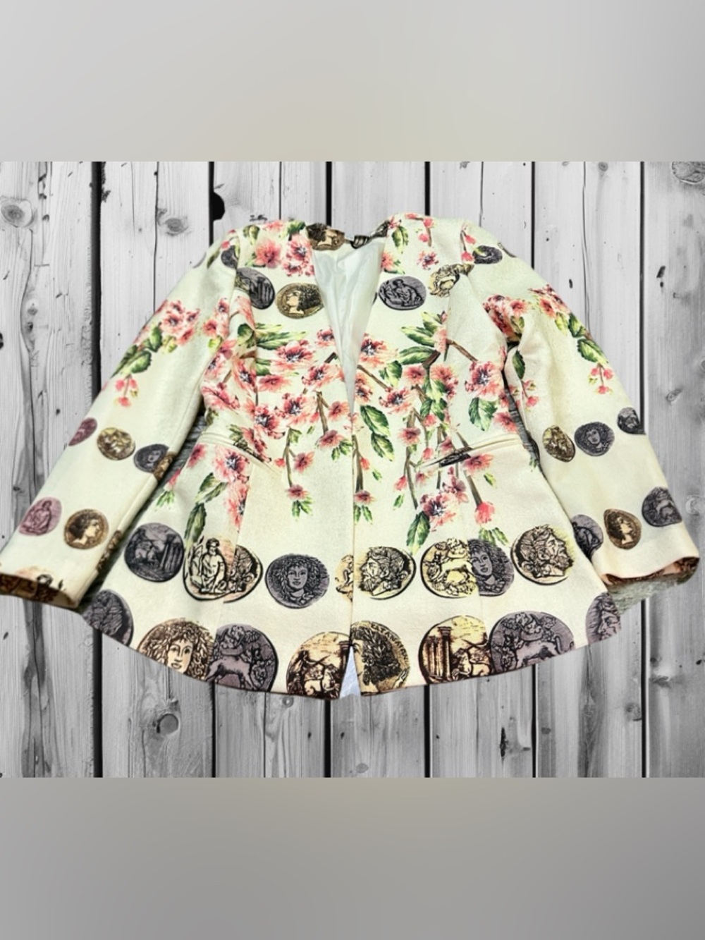 PET WOMAN Cream Floral Coin-Print Tailored Blazer M